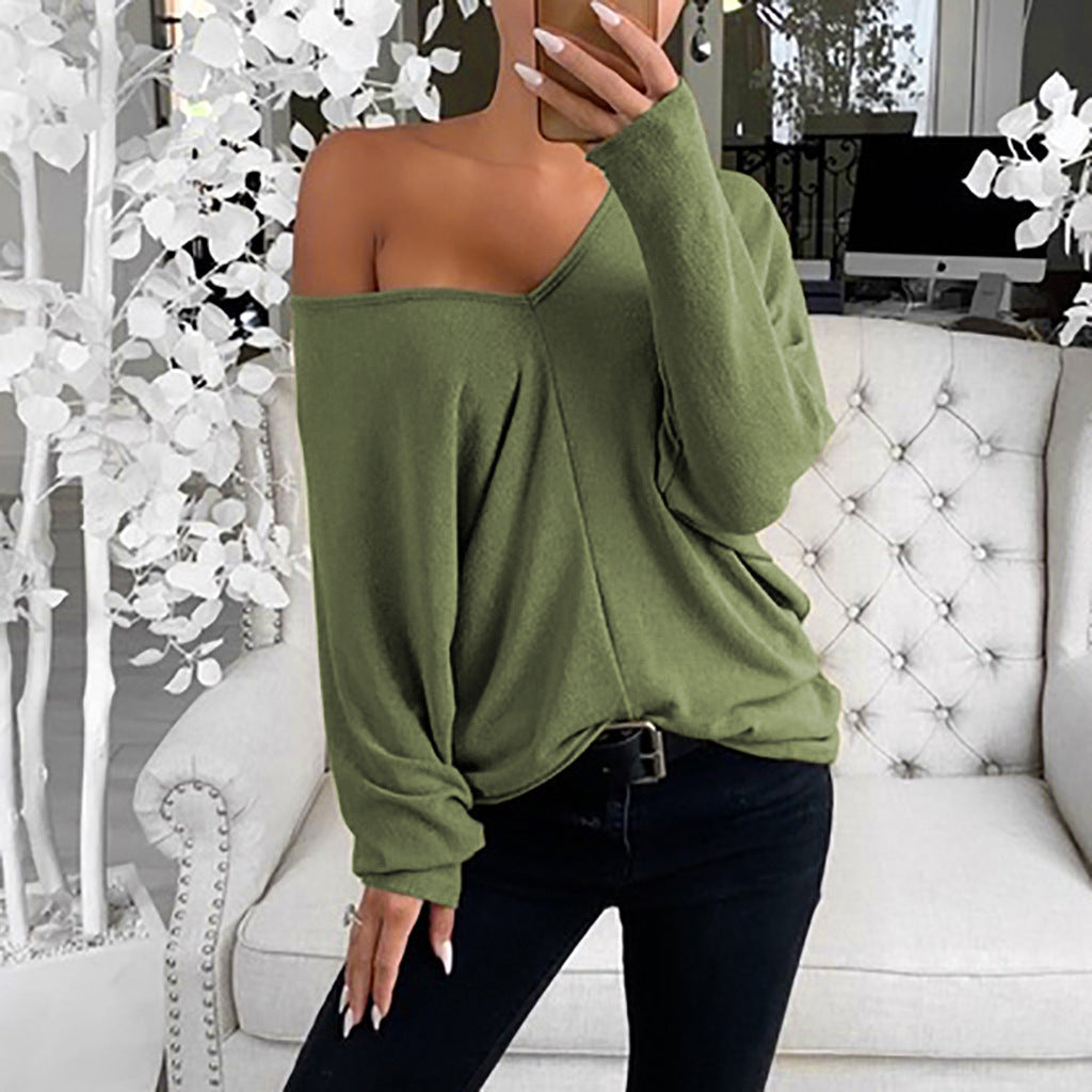 Women's Loose V-Neck Long-Sleeve Casual Pullover Tee