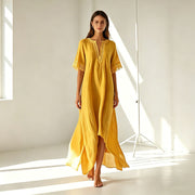 V-neck Short-sleeve Slit Bohemian Resort Dress