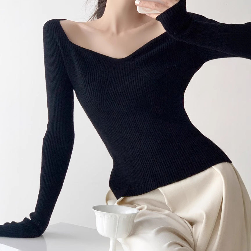 Petal Collar Knitted Off-shoulder Inner Bottoming Sweater