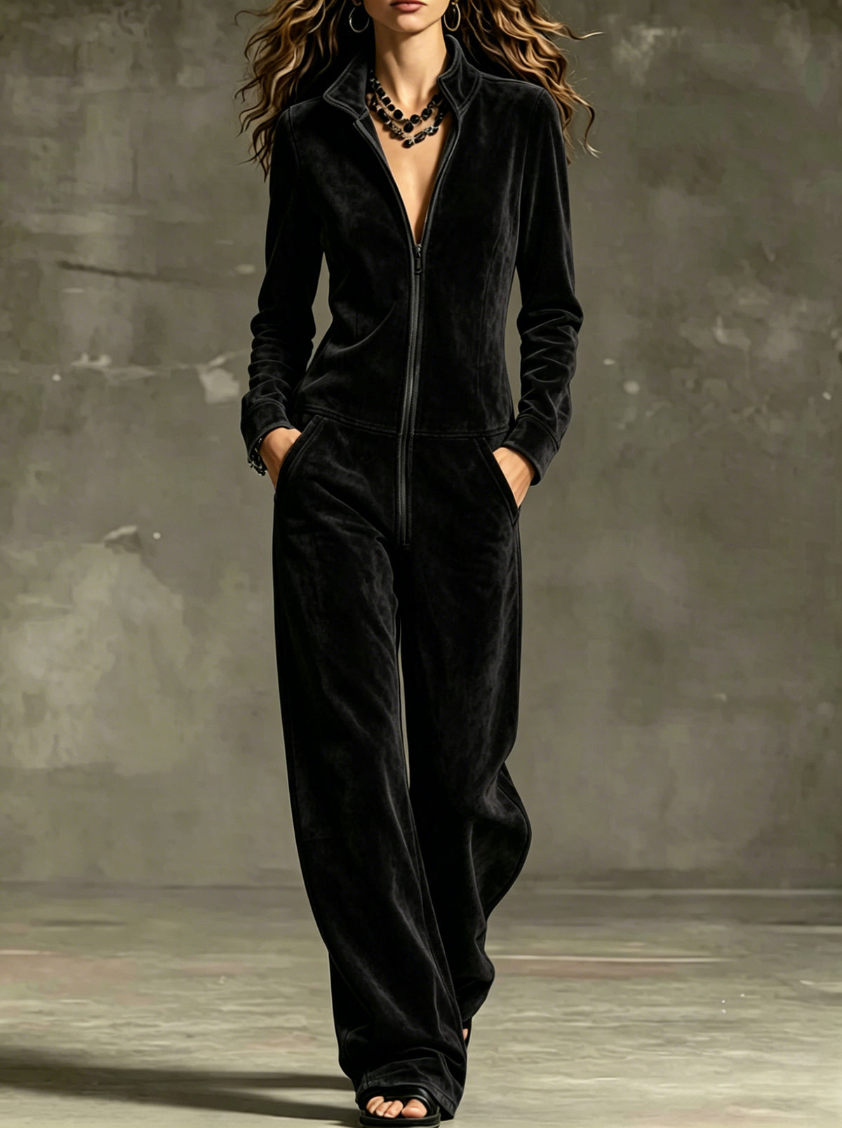 Women's Velvet Wide-Leg Jumpsuit with Pockets