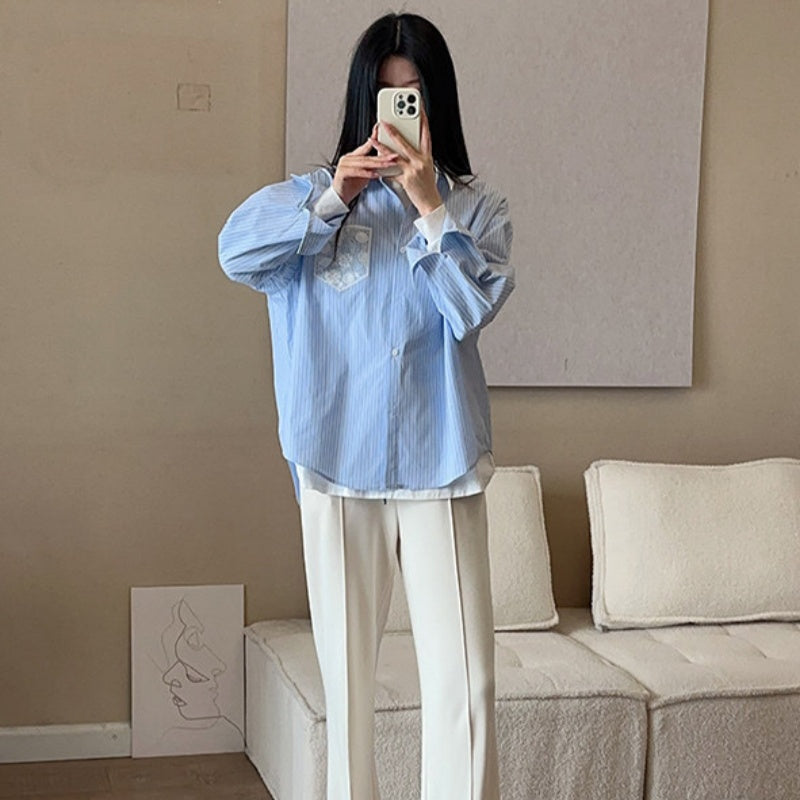 New Korean-style Lace-pocket Shirt Versatile Long Sleeves