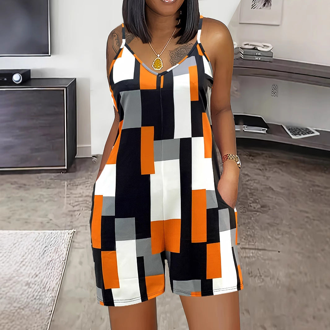 Contrast Color V-Neck Sleeveless Jumpsuit with Pockets