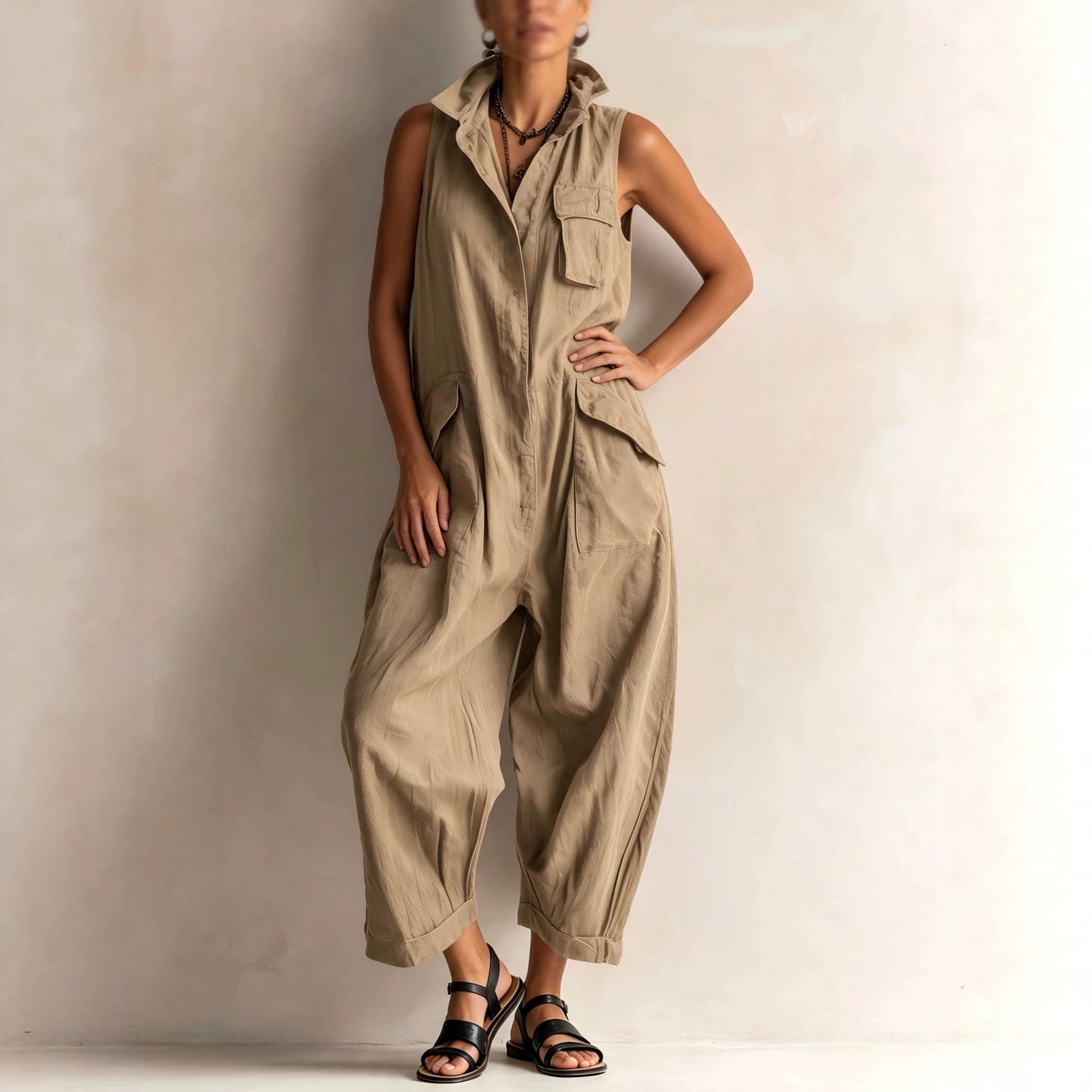 Casual Cotton Multi-Pocket Wide-Leg Jumpsuit