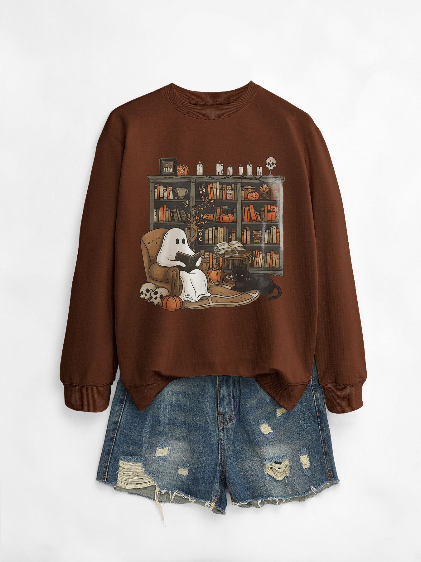 Cozy Black Cat Bookshelf Halloween Sweatshirt