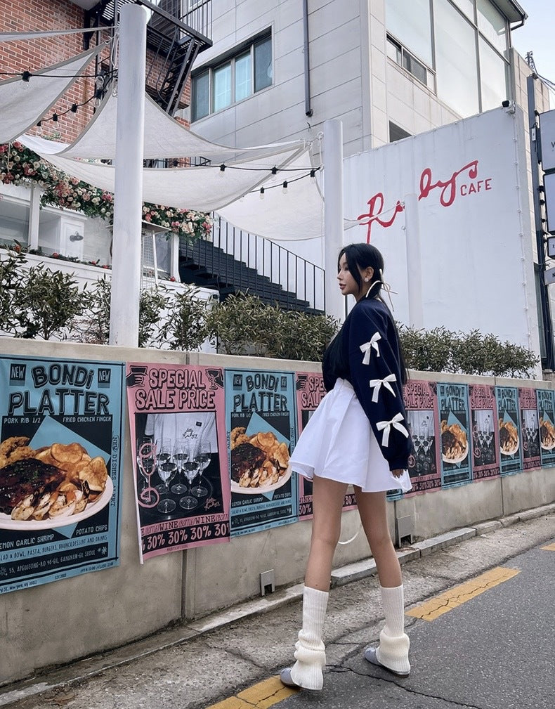 Women's Casual Loose Bow Knit Sweater with Lantern Sleeves