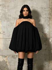 High Neck Cold Shoulder Balloon Bubble Hem Mini Dress