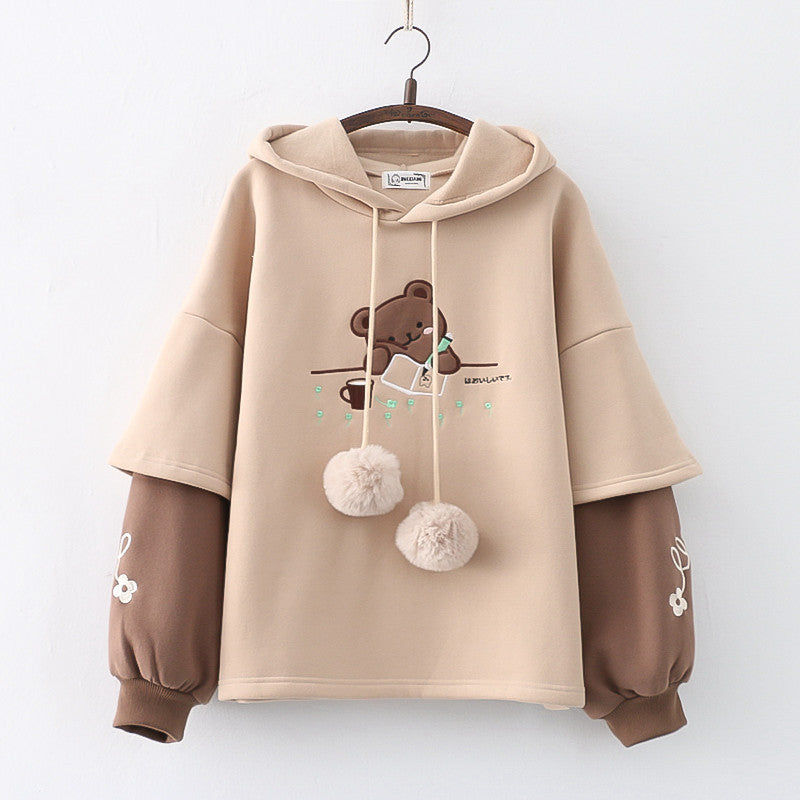 Fleece-Lined Embroidered Bear Winter Pullover Hoodie