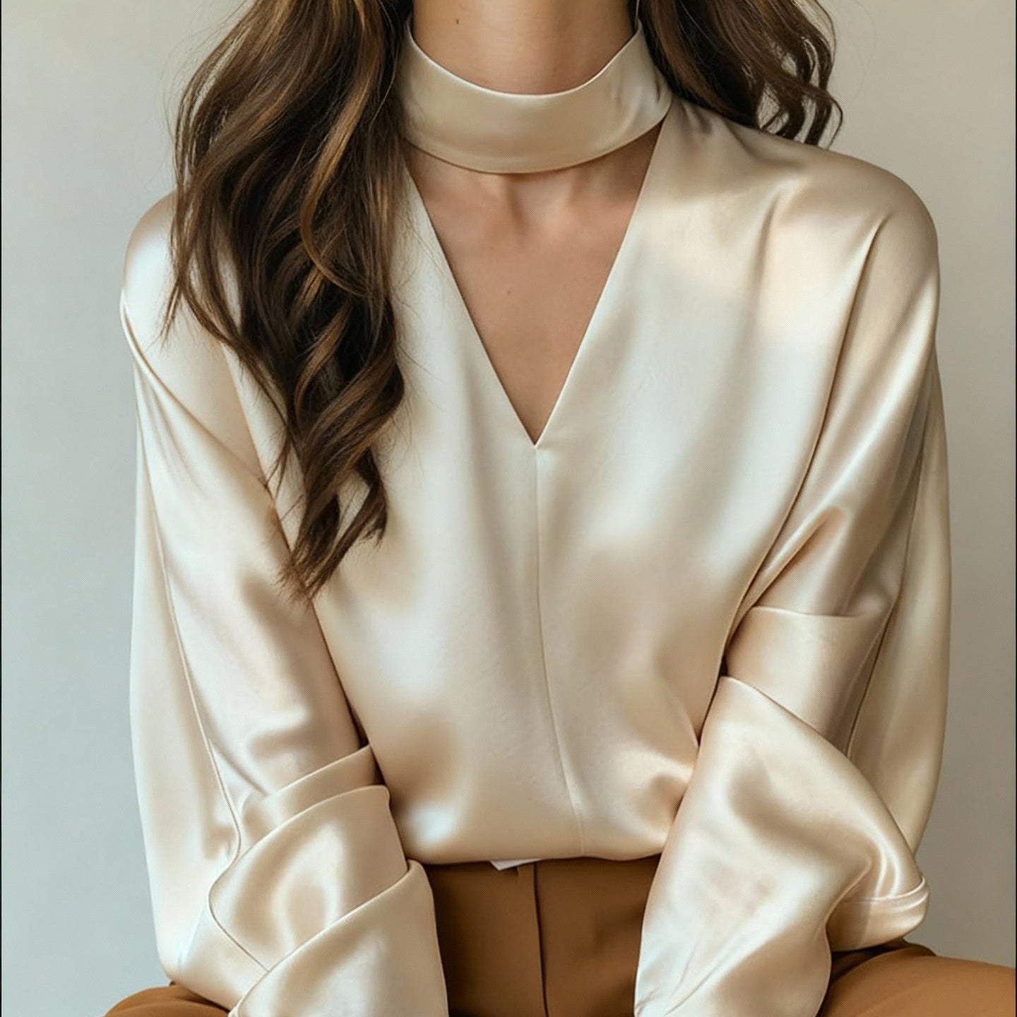 Elegant V‑Neck Long‑Sleeve Top for Women – Chic Champagne Solid