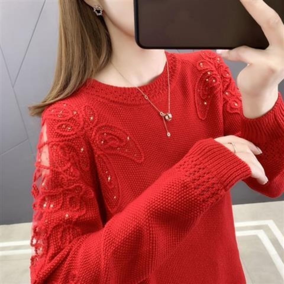 Pullover Lace Bottoming Shirt Long Sleeve Loose Hollow Knitted Sweater for Women