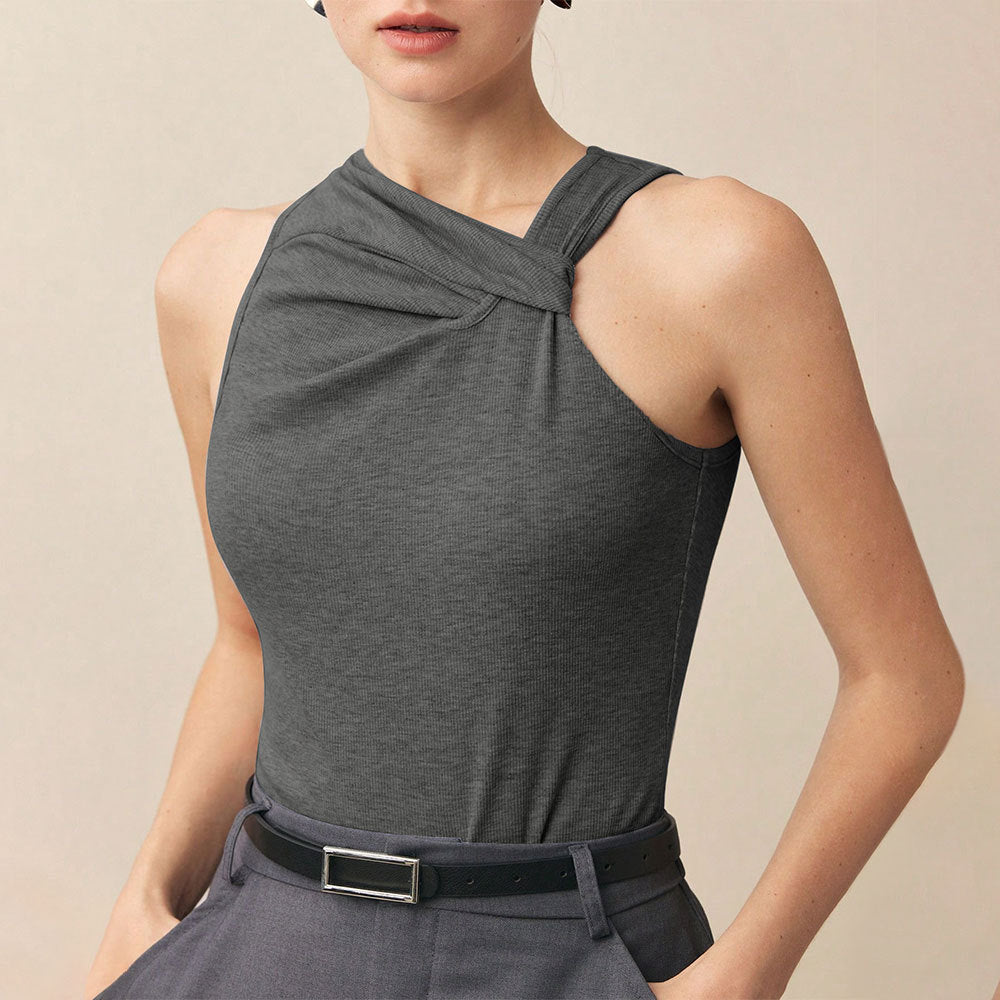 Elegant Sleeveless Off‑Shoulder Top – Dark Gray, Slim Fit