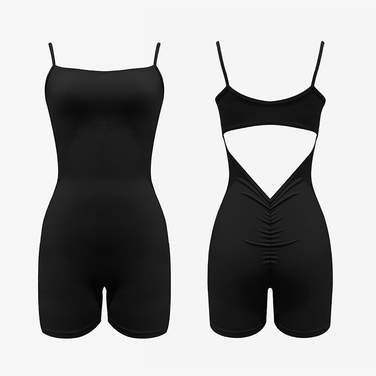 Thin Shoulder Vest Shorts Jumpsuit Back Hollow V Waist Pleated Yoga Jumpsuit