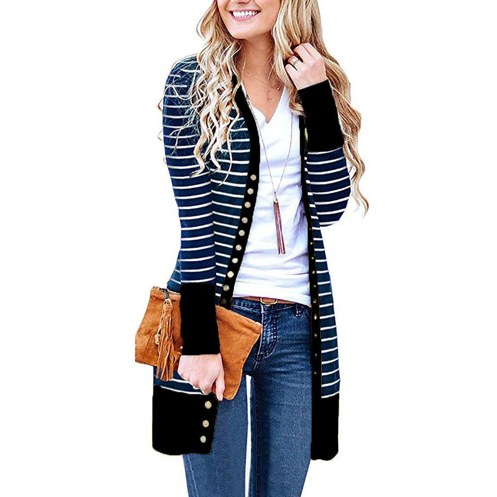 Plus Size Striped Mid-Length Cardigan Sweater