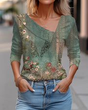 Floral Color-Block Diagonal Collar Longline Tee
