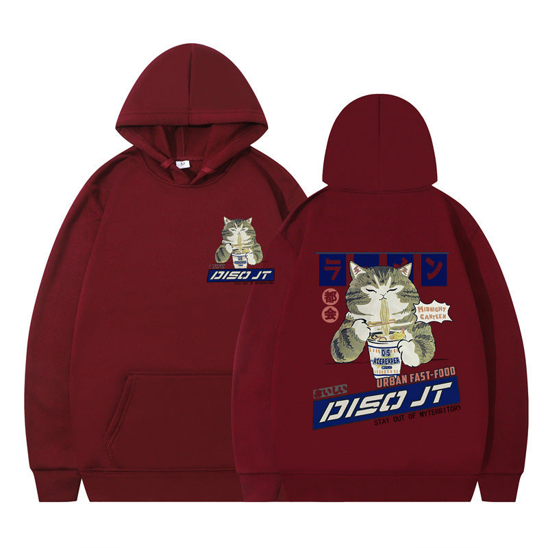 Cozy Cat Print Hooded Sweatshirt for Women