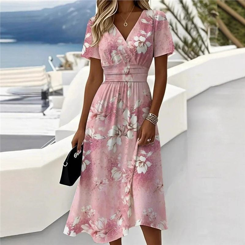New Floral 3d Digital-print V-neck Short-sleeve Dress