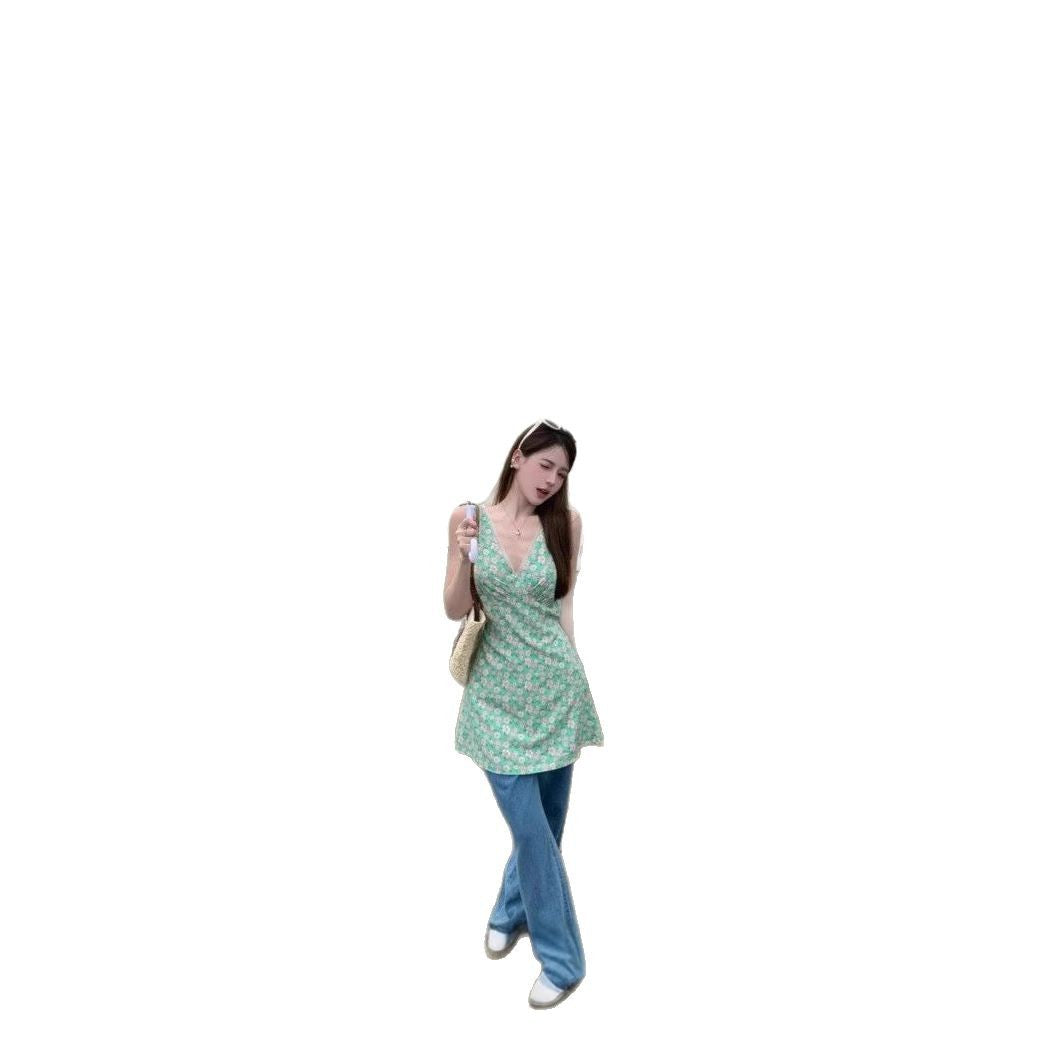 French-style Vacation V-neck Floral Dress for Women