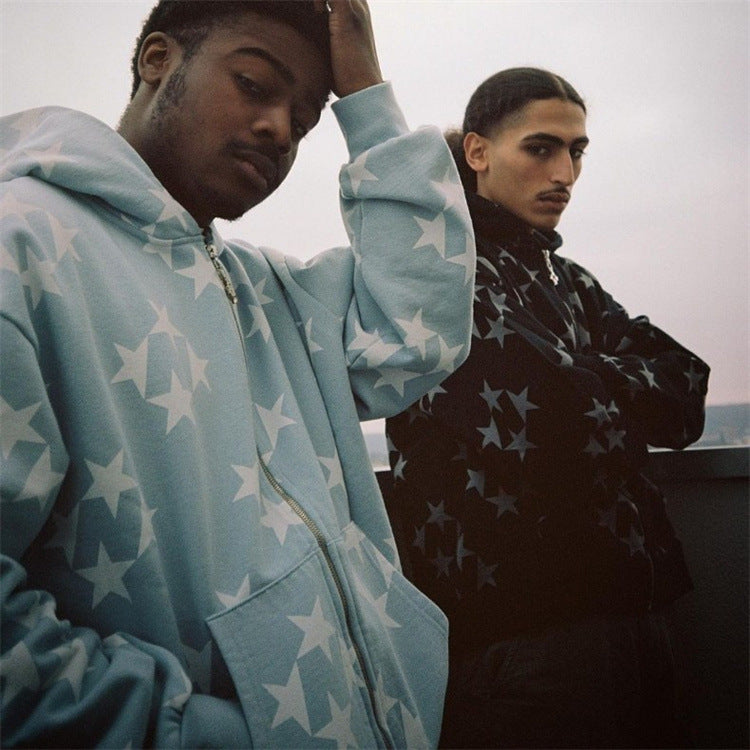 Stars Print Zipper Hooded Cardigan Couple Streetwear Coat
