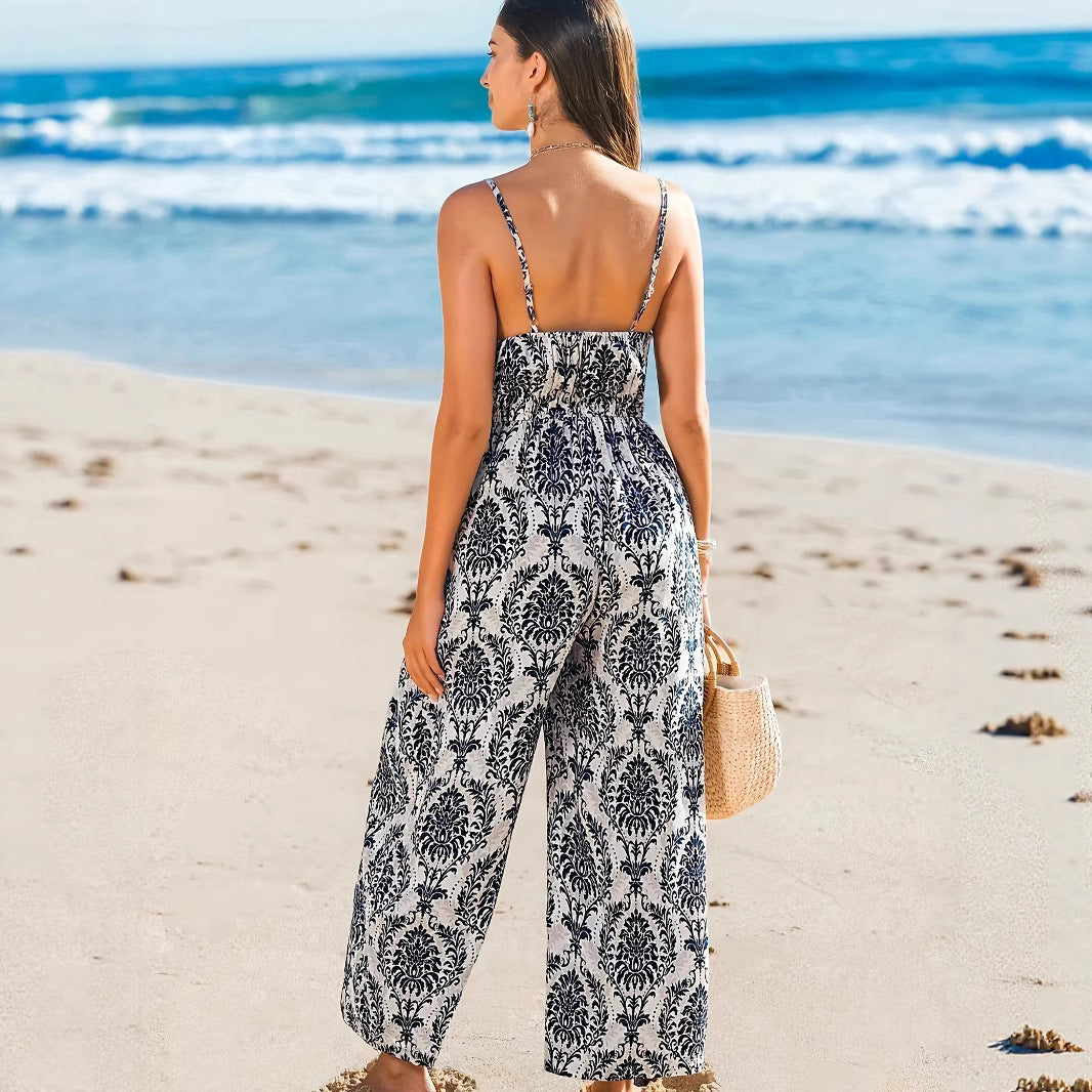 Chic French-Style Strappy Beach Jumpsuit