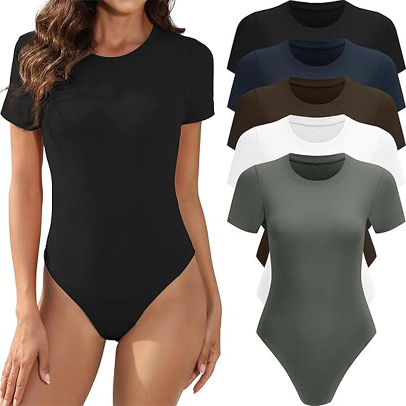 Women's Casual Stretch Crew Neck Basic One-Piece Bodysuit