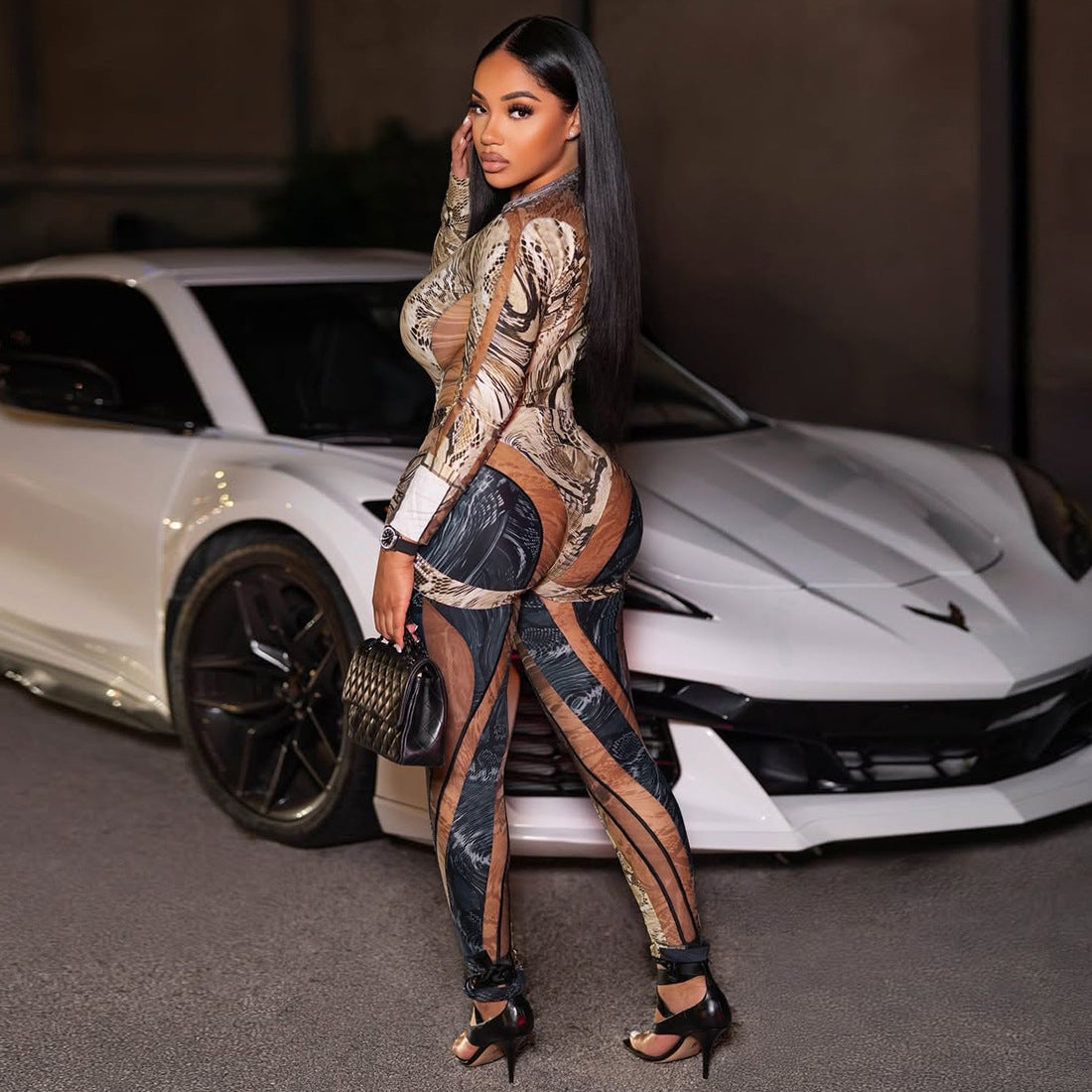 Snake-Print Sexy Bodycon Jumpsuit & Pants Set