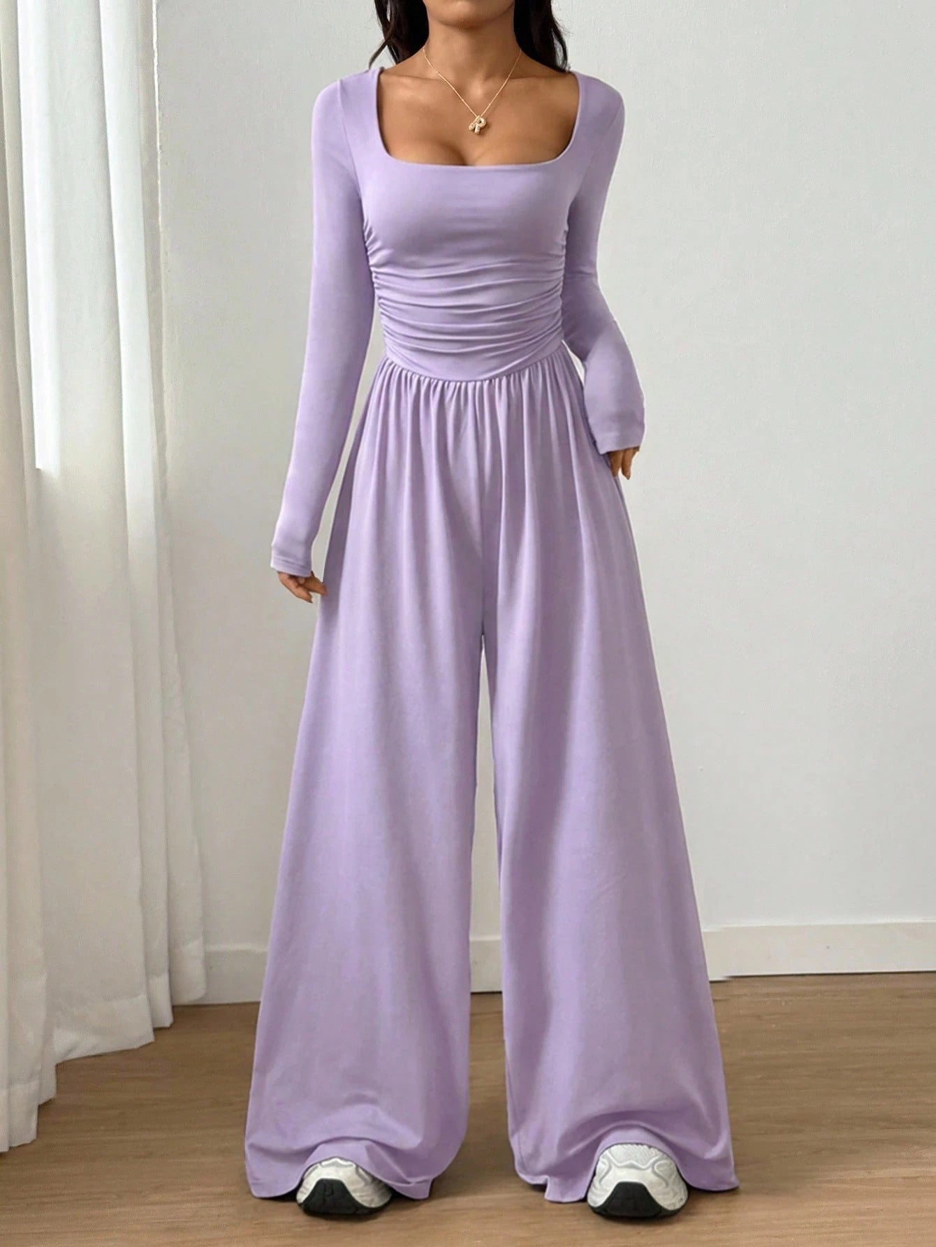 2026 Spring Fall Women's Casual Solid Color Square Neck Long Sleeve A-Line Jumpsuit Pleating Wide Leg Loose Mopping Jumpsuit