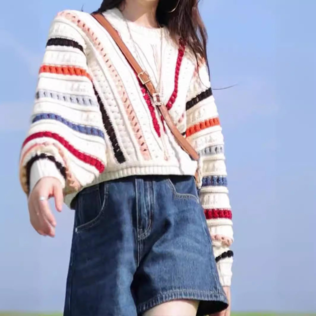 Retro Chic Rainbow Striped Hollow Sweater Round Neck Sweater