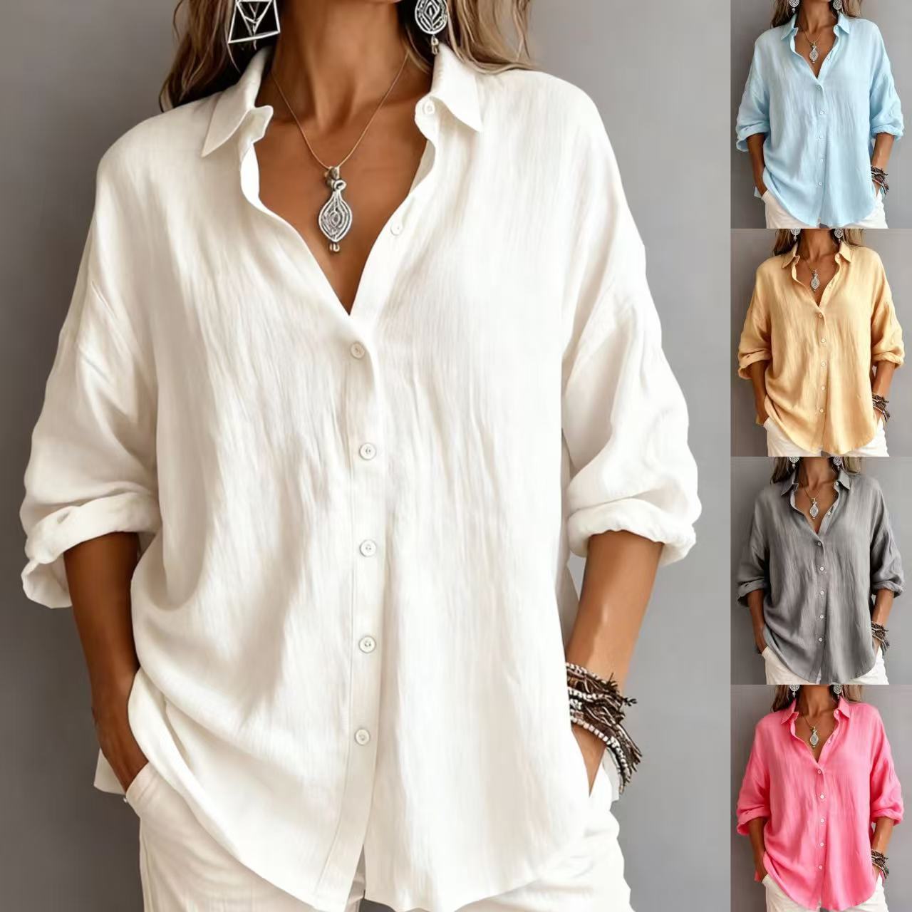 Fashionable Solid-color Long-sleeve Lapel Cardigan Shirt