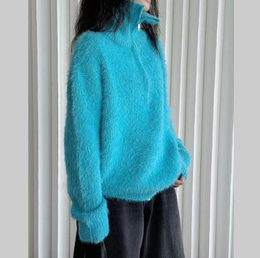 Korean-style Relaxed Faux Mink High-neck Sweater Top