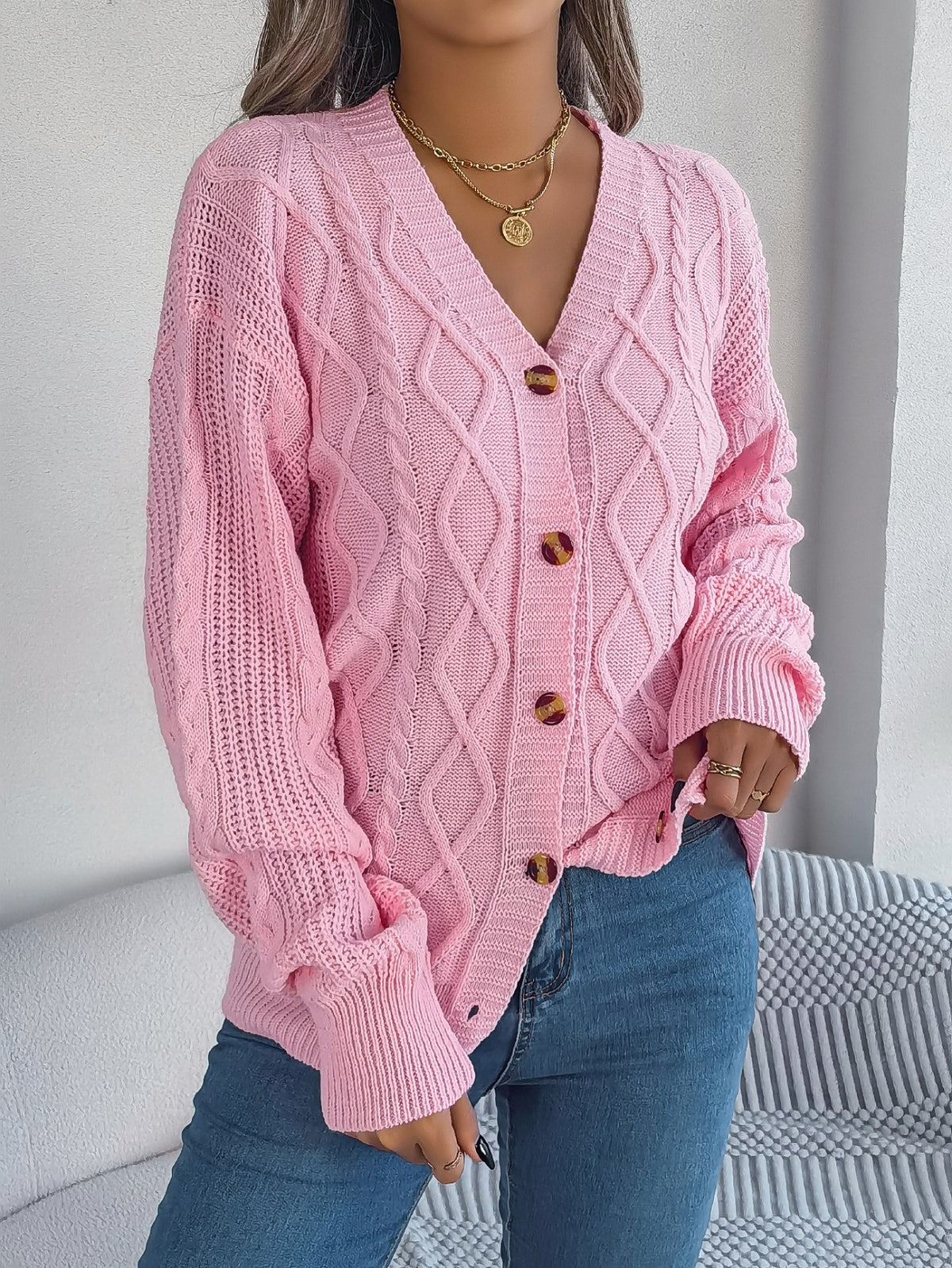 Women Casual V-neck Lantern Sleeve Cable Knit Button Cardigan Sweater