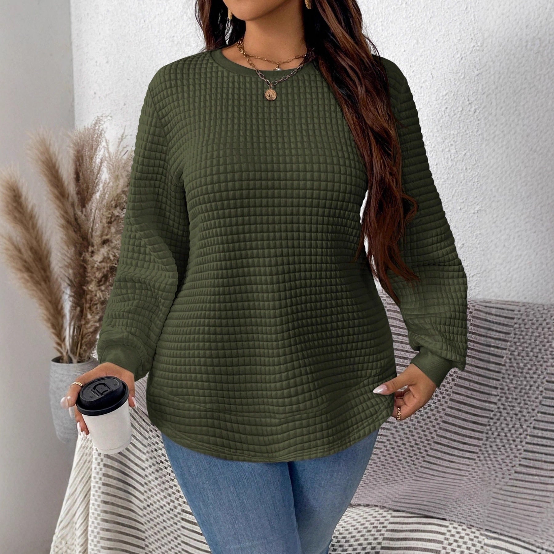 Women's Fashion All-match Casual Solid Color Square Plaid Pullover Sweater