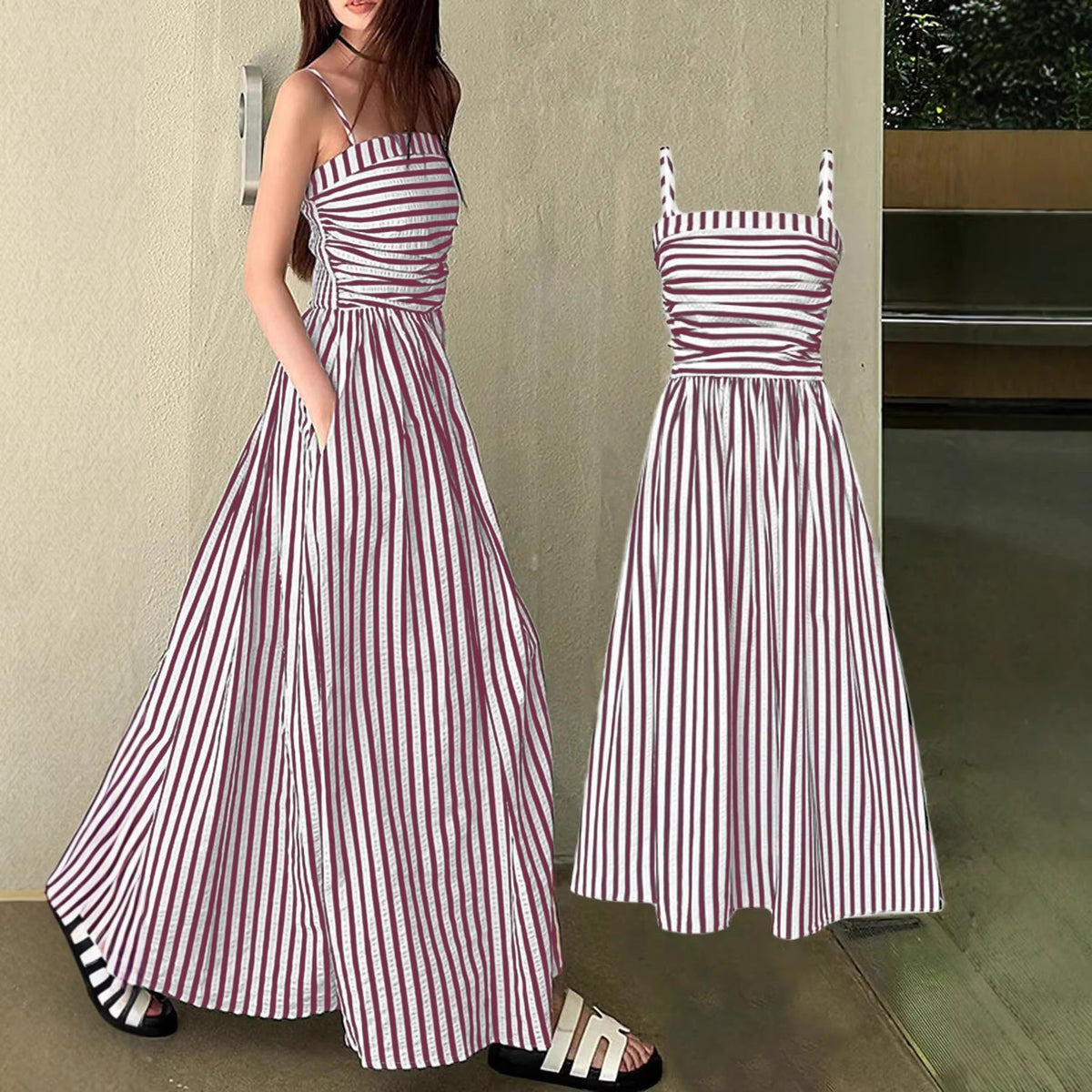Elegant Striped Off-Shoulder Long Dress