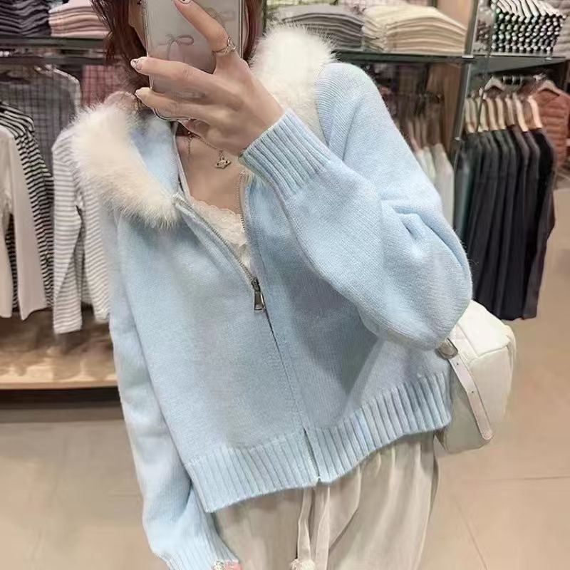 Vintage Knitted Cardigan Long Sleeve Fur Collar Coat