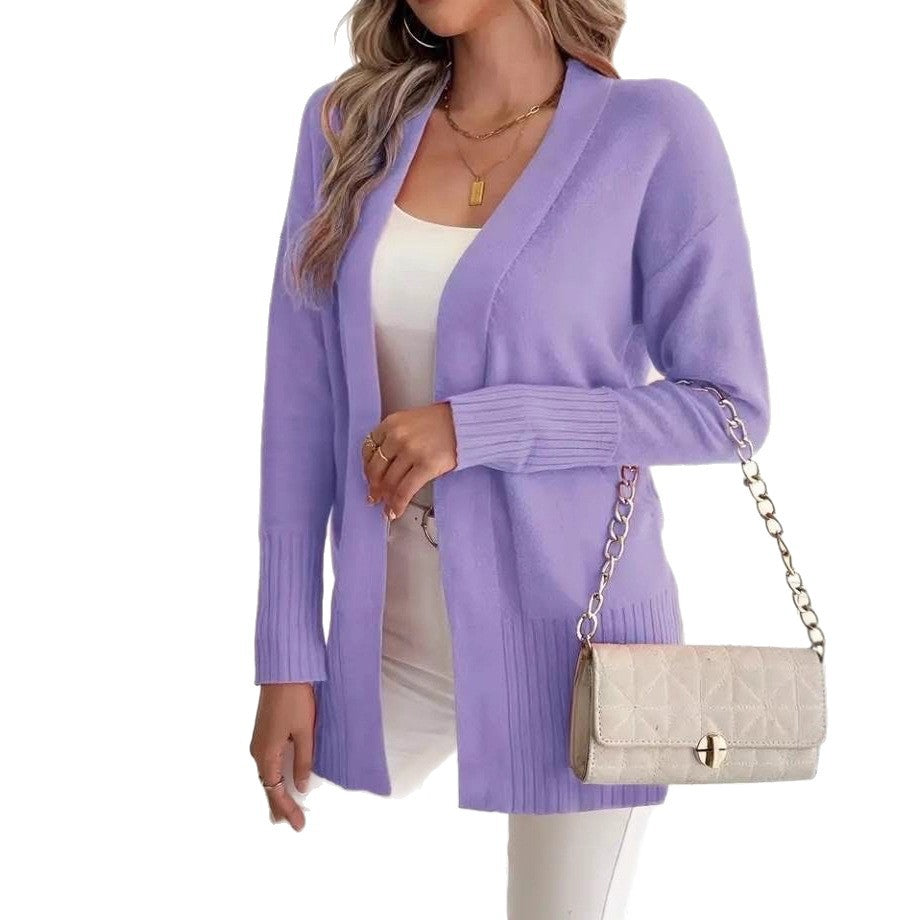 European and American Plus-size Women's Solid Color Large Pocket Sweater Coat