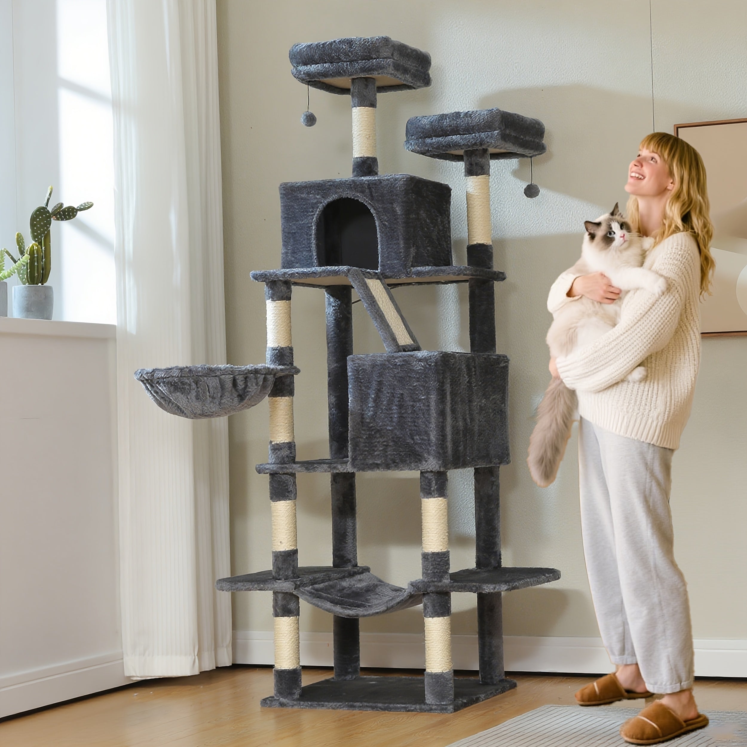 71.5 Extra Tall Cat Tower With Anti-tipping Kit - Heavy-duty Multi-level Cat Tree With Scratching Posts, Scratching Pad, Hammock, Condo, Pom-pom - Space-saving Vertical