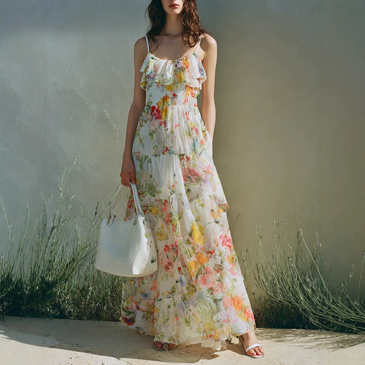 Summer Dress with a Long Bow Floral Print and Layered Chiffon