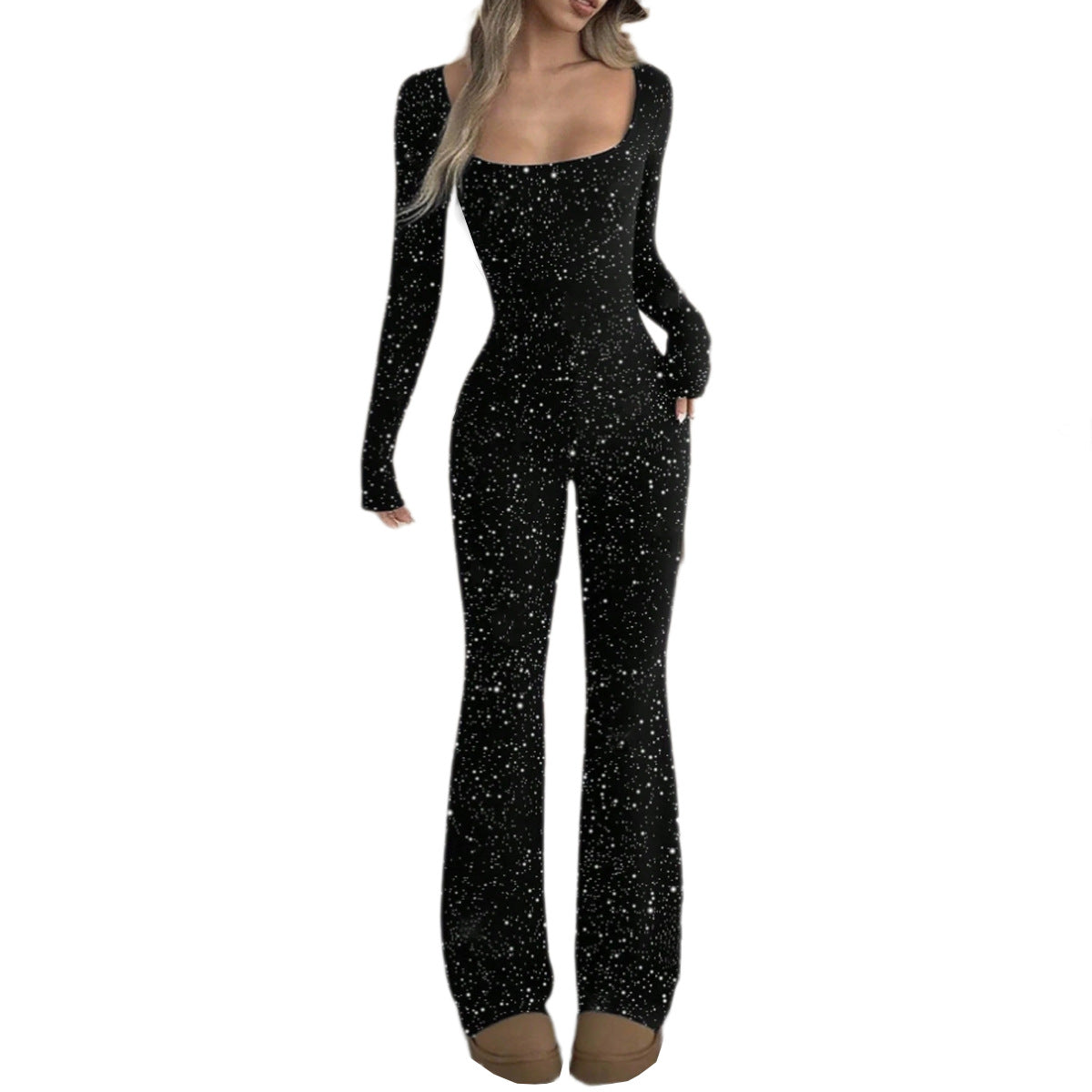 Women's Elegant Slim-Fit Square Neck Silver Jumpsuit
