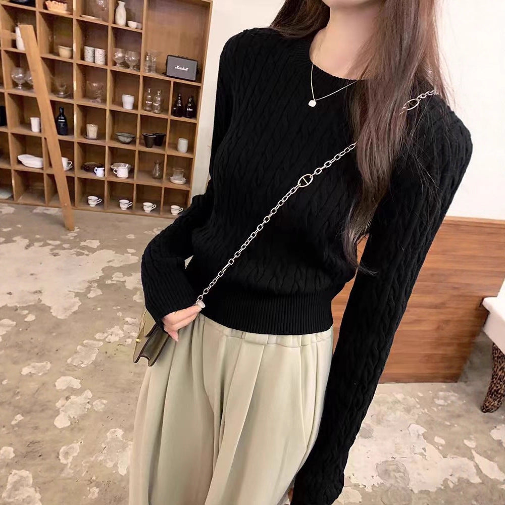 Ladies' Loose Twisted Round Neck Solid Color Sweater
