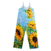 Bohemian Sunflower Print Pleated Wide-Leg Jumpsuit