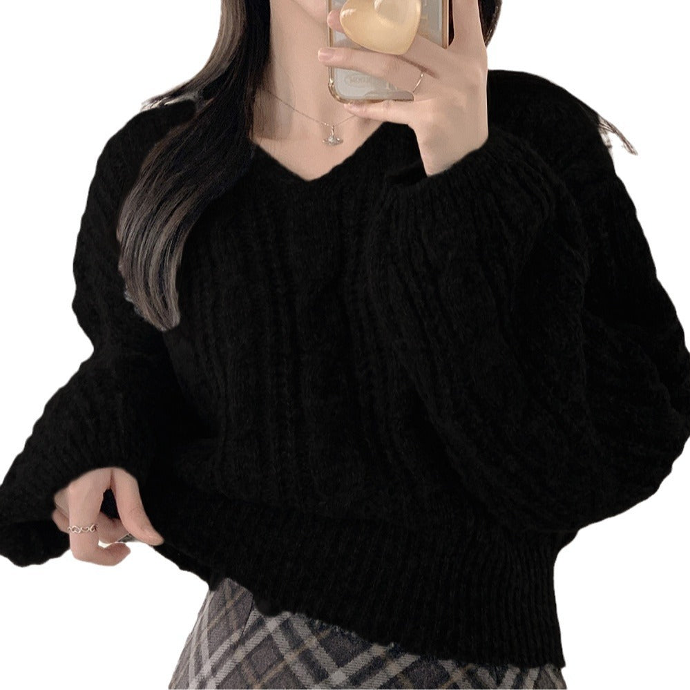 New Korean-style Relaxed-fit Solid-color Cable-knit Sweater with Lantern Sleeves