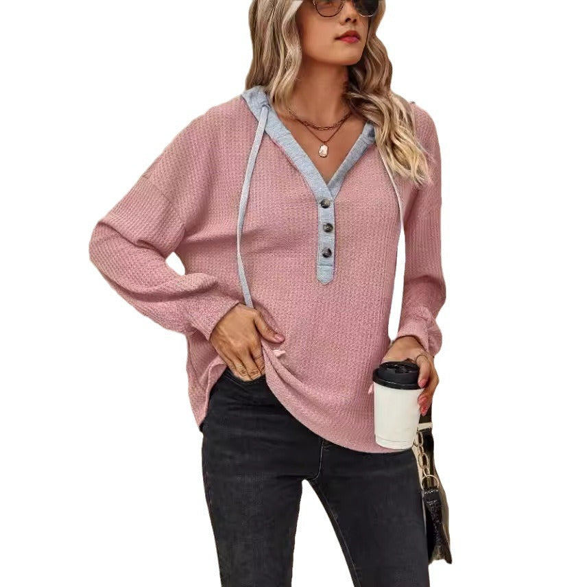 Women's Casual Button Hooded Waffle Knit Sweater