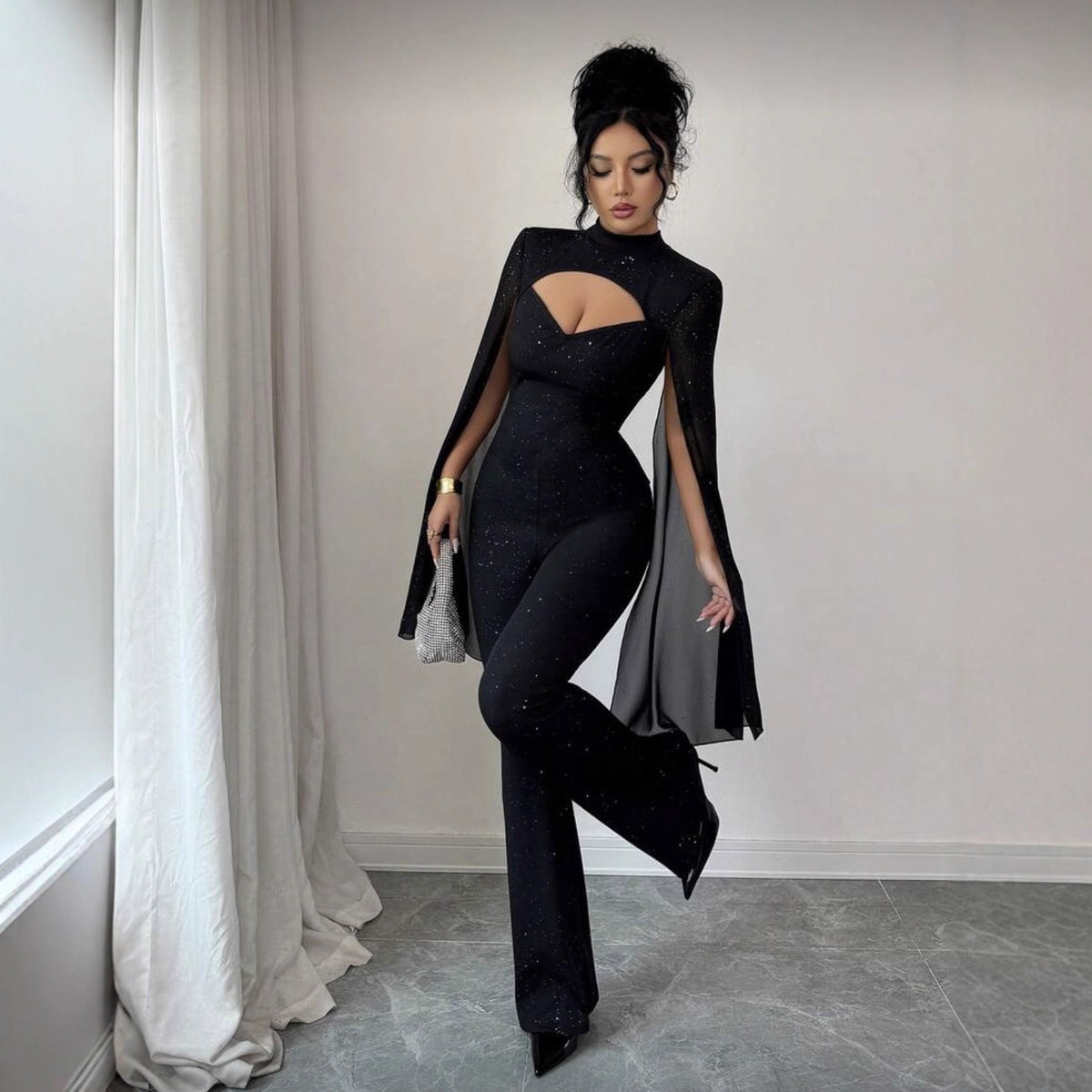 Elegant Cape-Style Ribbed Bodycon Jumpsuit