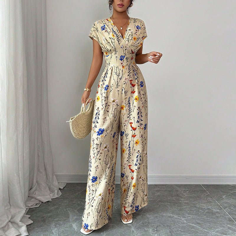 Chic Waist-Cinching Wide-Leg Short Sleeve Romper