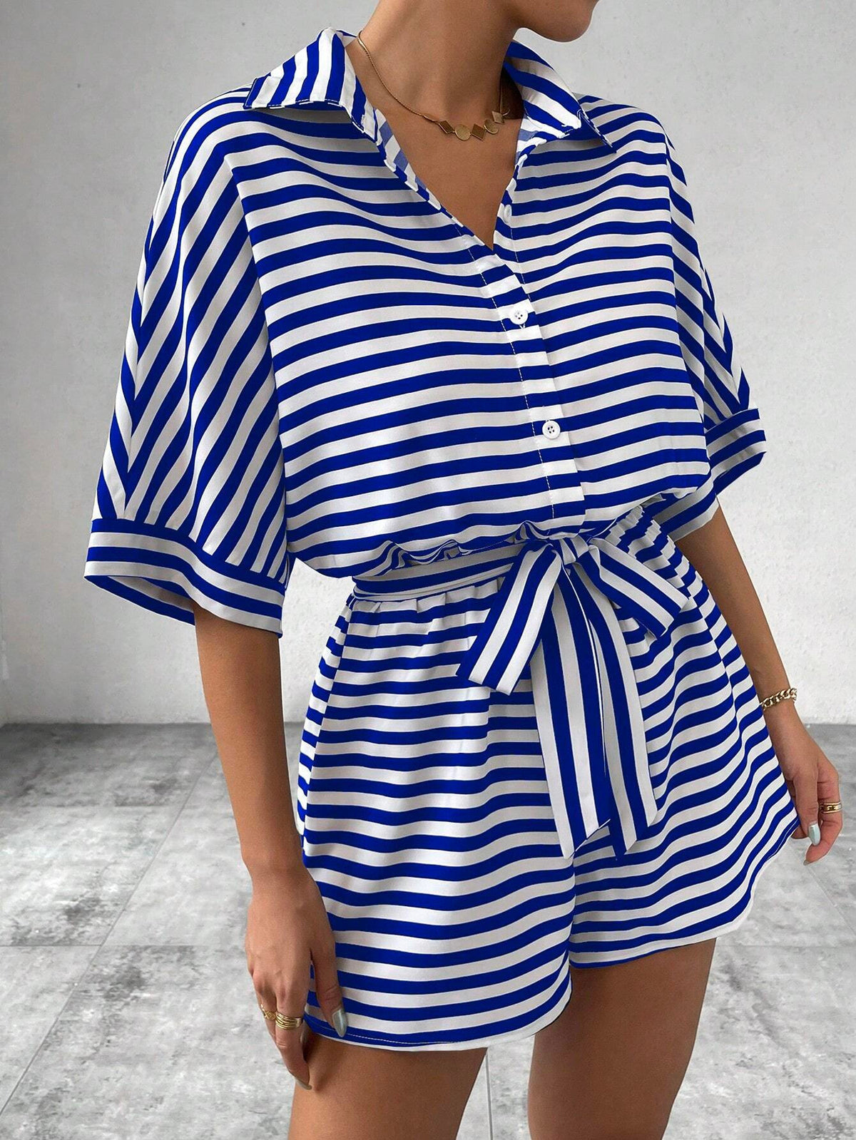 Summer Striped Lapel Belted Jumpsuit