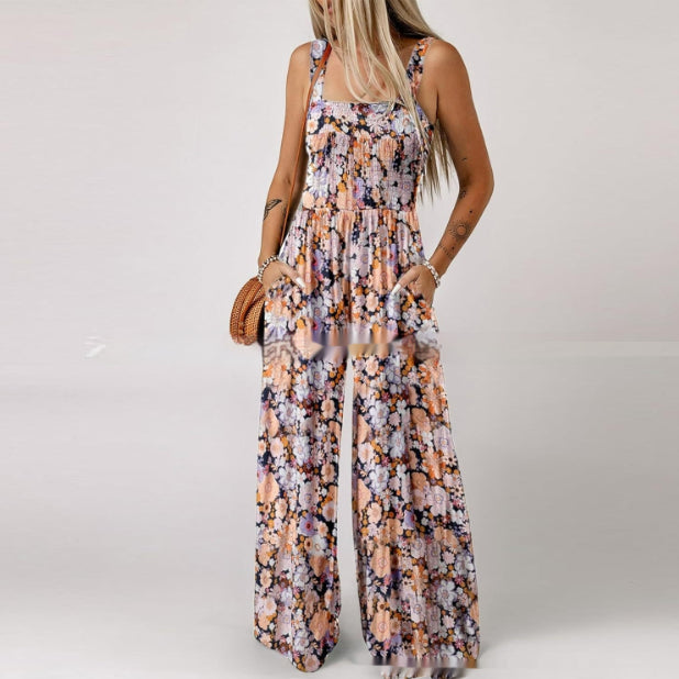 Bohemian Floral Spaghetti Strap Wide Leg Overalls