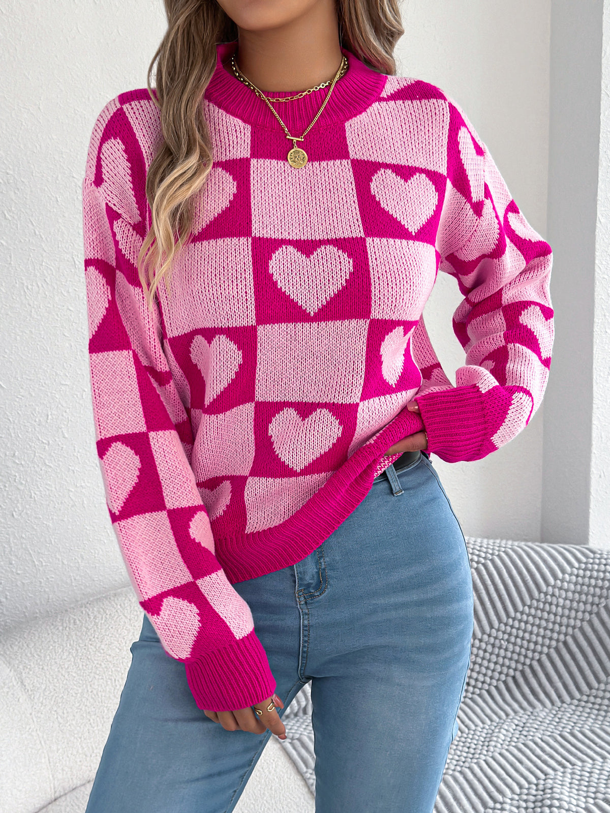 Women's Color-blocked Plaid Heart Lantern Sleeve Pullover Sweater for Valentine's Day