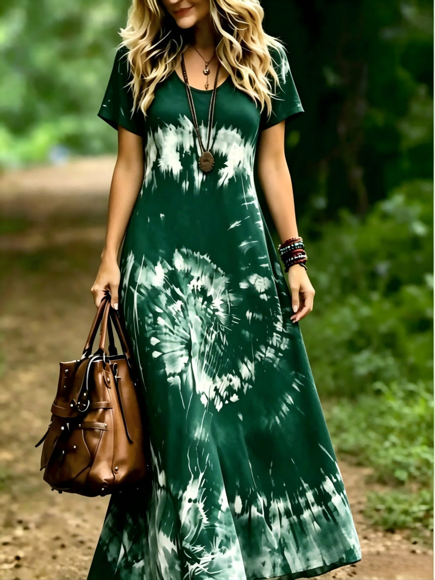 Vintage Boho Tie-Dye Summer Dress U-Neck Short Sleeve