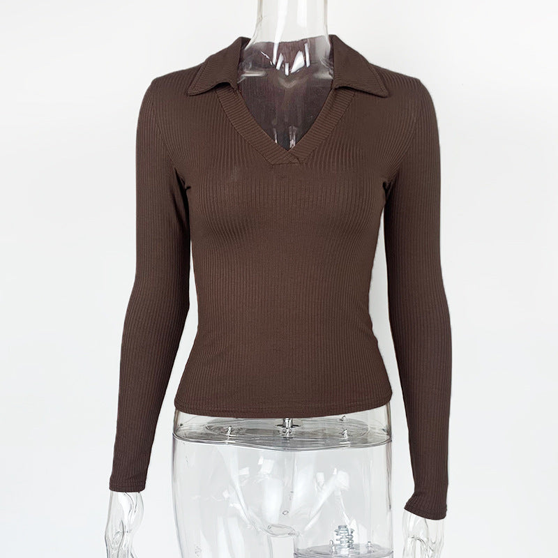 French-style Elegant Polo-neck Tight-fitting Pure Cotton Ribbed Fabric Deep V-neck Long-sleeve T-shirt