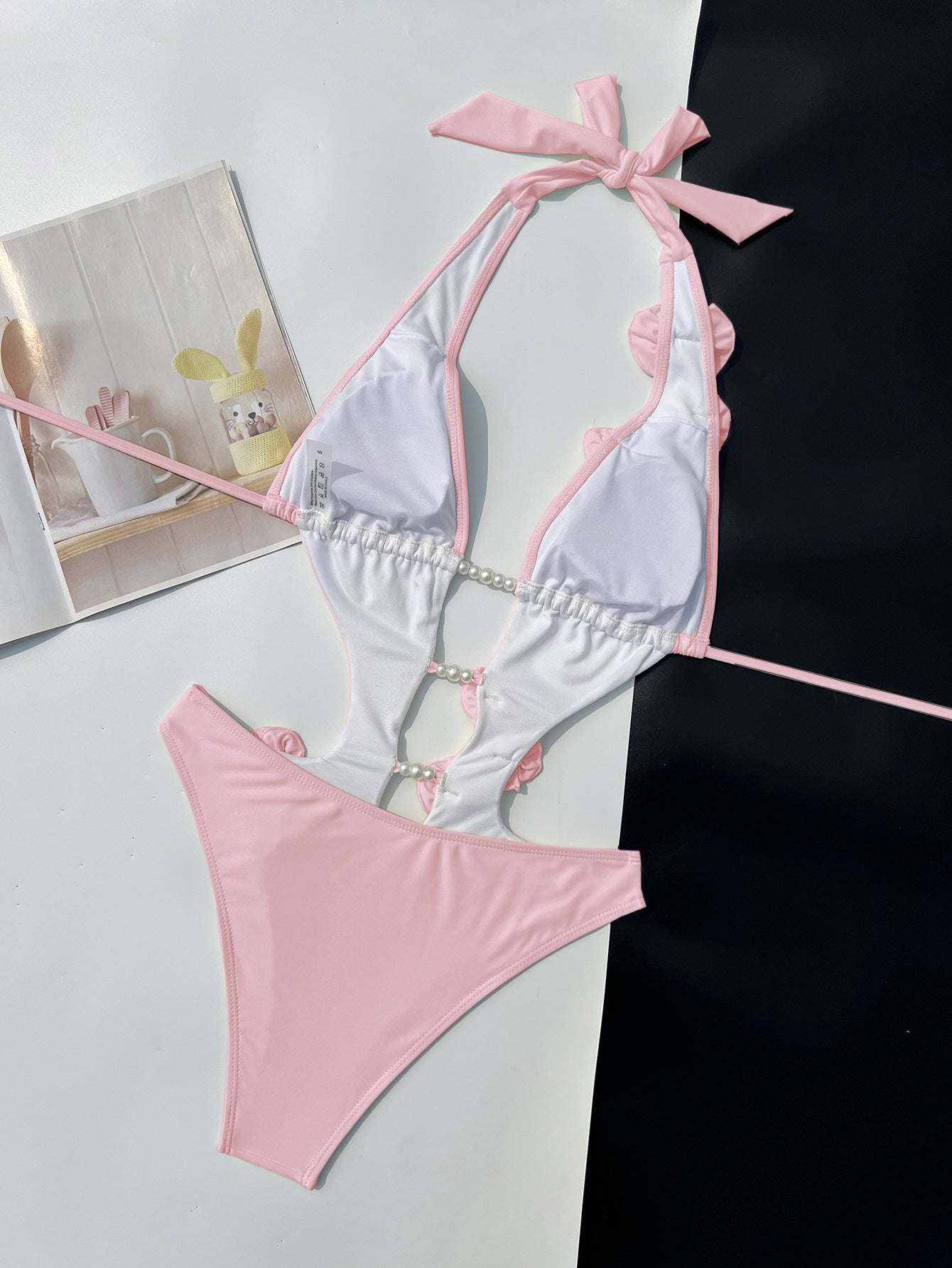 Womens Solid-color Three-dimensional Floral Pearl One-piece Swimsuit