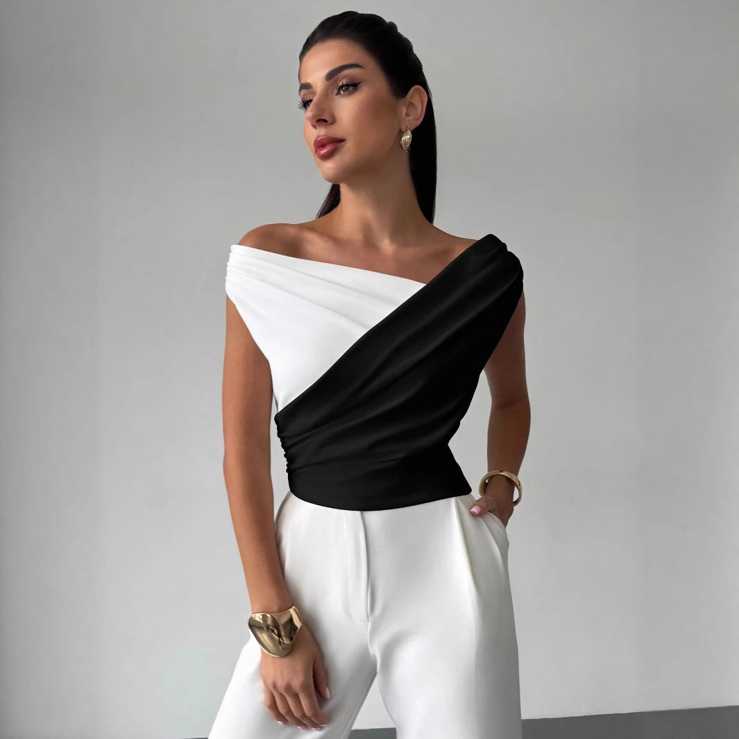 Elegant Color‑Block Asymmetric Shoulder Top – Slim Fit, Sleeveless, Ruffled Hem
