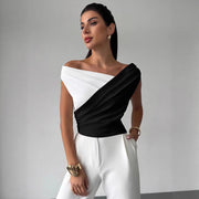 Elegant Color‑Block Asymmetric Shoulder Top – Slim Fit, Sleeveless, Ruffled Hem